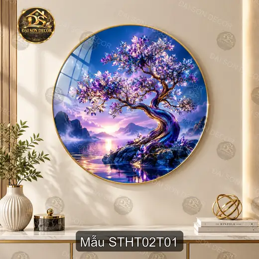 Tranh tráng gương tròn Sơn thủy hữu tình 002 cây hoa tím bên hồ núi decor phòng khách