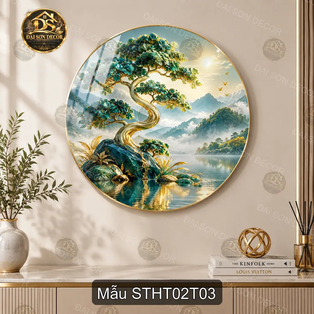 Tranh tráng gương tròn Sơn thủy hữu tình 002 cây hoa tím bên hồ núi decor phòng khách