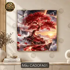 Tranh tráng gương vuông cây đỏ fantasy decor phòng khách quà tặng phong cách hiện đại CADOFA01