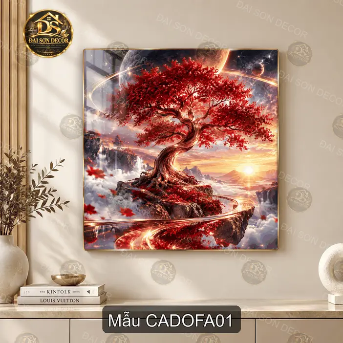 Tranh tráng gương vuông cây đỏ fantasy decor phòng khách quà tặng phong cách hiện đại CADOFA01