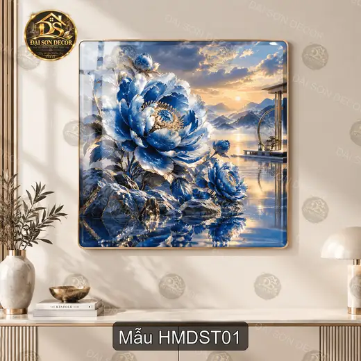 Tranh tráng gương treo tường Hoa mẫu đơn sơn thủy vuông HMDST01 decor phòng khách