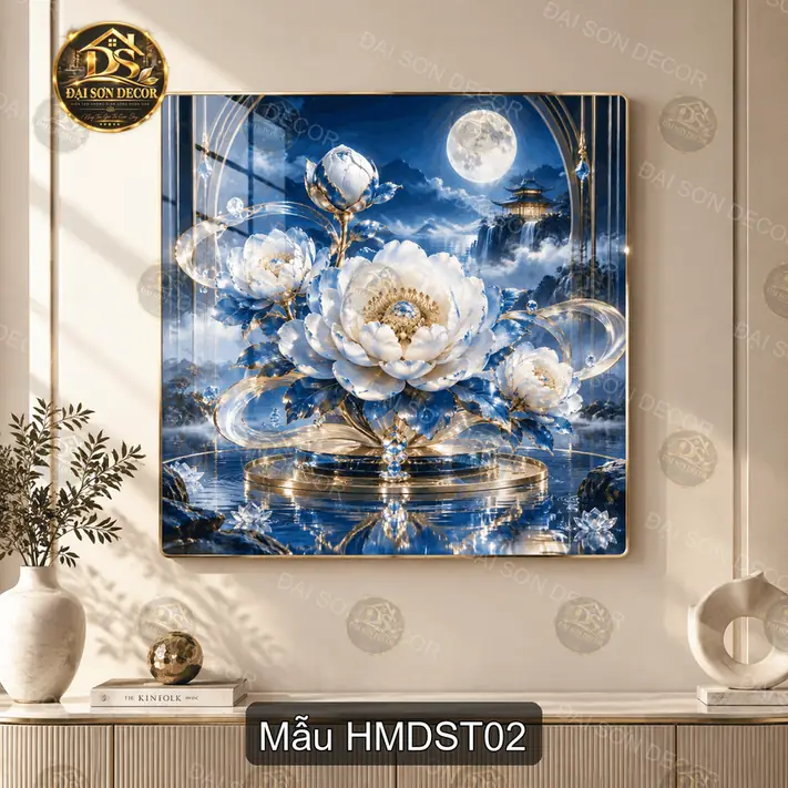 Tranh tráng gương treo tường Hoa mẫu đơn sơn thủy vuông HMDST01 decor phòng khách