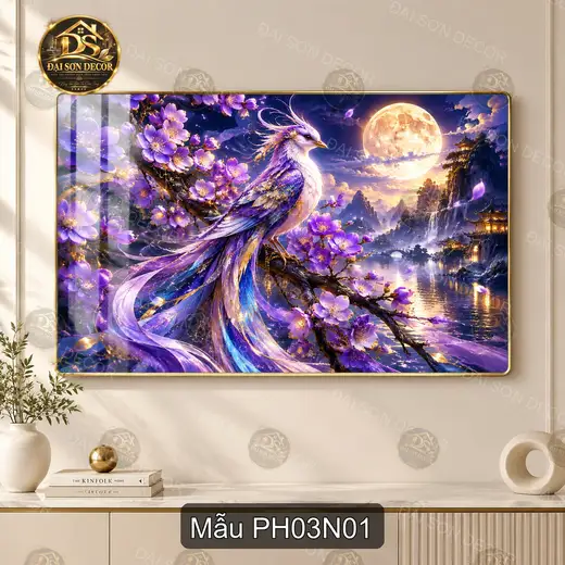 Tranh tráng gương Phượng hoàng 003 decor phòng khách phòng làm việc phong cách huyền ảo