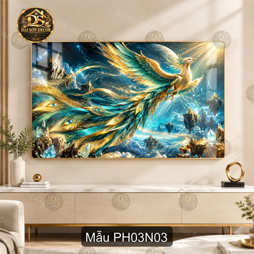 Tranh tráng gương Phượng hoàng 003 decor phòng khách phòng làm việc phong cách huyền ảo