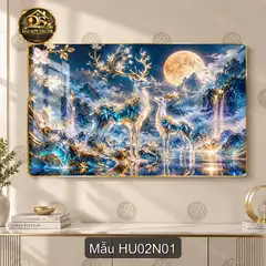 Tranh tráng gương Hươu 002 đôi hươu dưới trăng decor phòng khách quà tặng trang trí