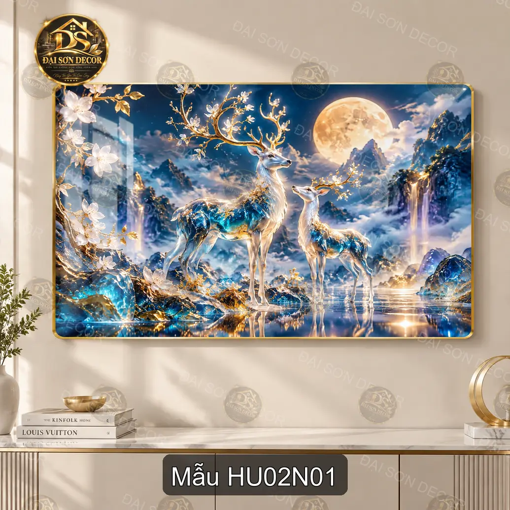 Tranh tráng gương Hươu 002 đôi hươu dưới trăng decor phòng khách quà tặng trang trí