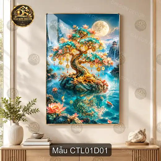 Tranh tráng gương cây tài lộc hoa đào cá chép dọc decor phòng khách sang trọng