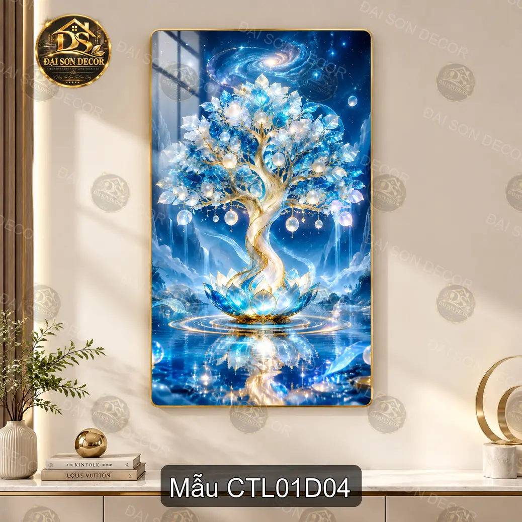 Tranh tráng gương cây tài lộc hoa đào cá chép dọc decor phòng khách sang trọng