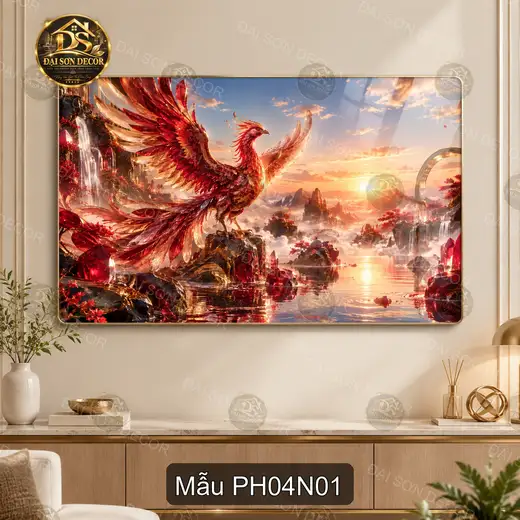 Tranh tráng gương Phượng hoàng 004 nghệ thuật decor phòng khách phong cách sang trọng
