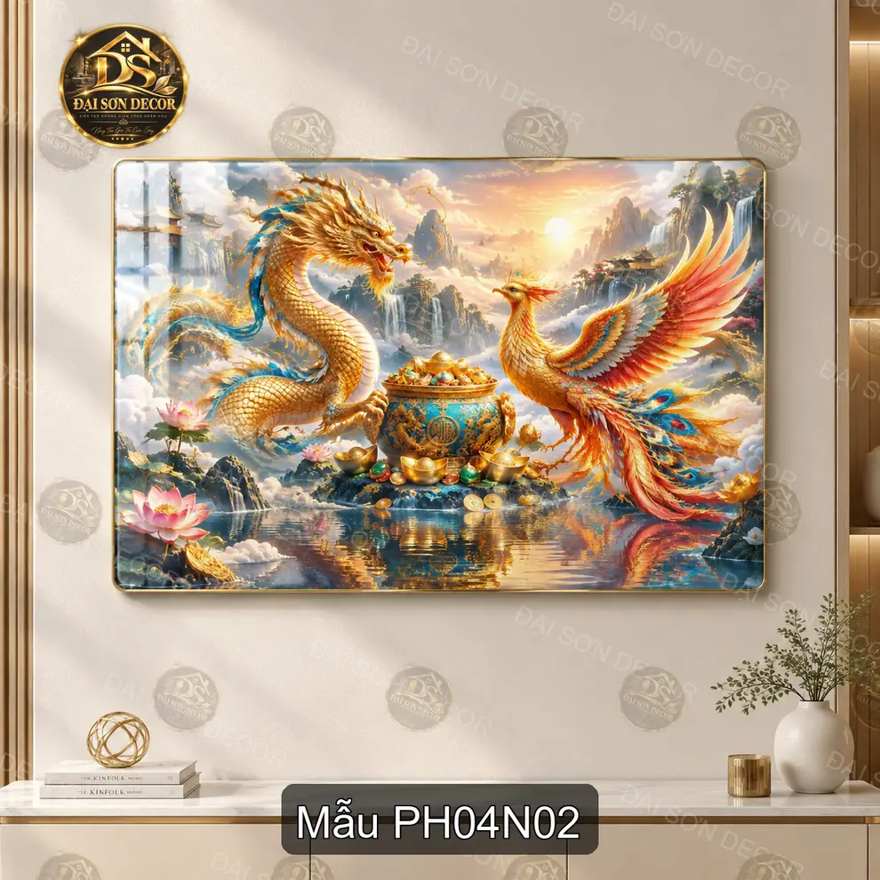 Tranh tráng gương Phượng hoàng 004 nghệ thuật decor phòng khách phong cách sang trọng