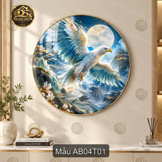 Tranh tròn đại bàng tung cánh tráng gương decor phòng khách quà tặng trang trí sang trọng