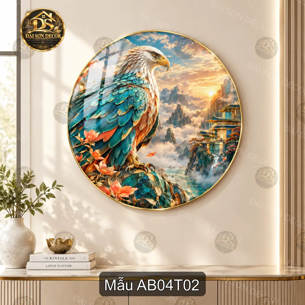 Tranh tròn đại bàng tung cánh tráng gương decor phòng khách quà tặng trang trí sang trọng